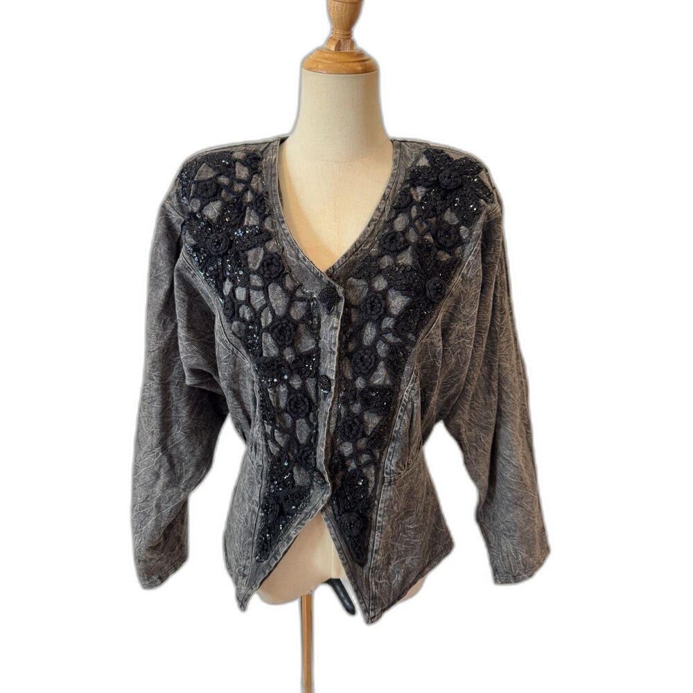 Vintage Caché Denim Jacket Women's Large Gray Black Lace Sequin Embellished USA